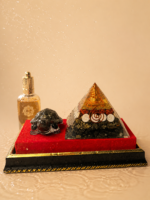 Shree Yantra Lakshmi Orgone Pyramid with Gomti Chakra, Rudraksha & Vastu Pyrite Tortoise